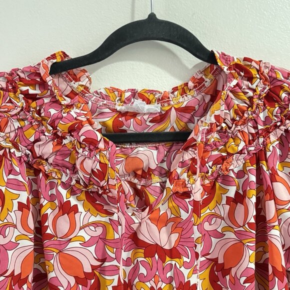 THML Anthropologie Blouse T-shirt M Floral Ruffle Colorful Pink Orange Preppy - Picture 3 of 9